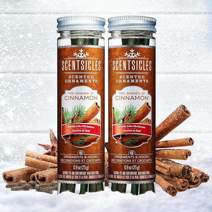 Scentsicles Two Dashes of Cinnamon Scented Christmas Ornaments with Hooks - 2 Bottles (12 Sticks Total)