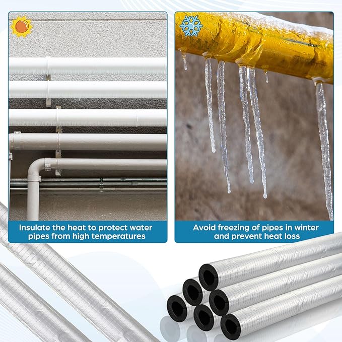 Tondiamo 8 Pcs 3 ft Pipe Insulation Foam Tube Self Adhesive Insulation Foam Wrap with Aluminum Foil Tape Water Tubing Cover for Outdoor Winter Irrigation, Spigot, Sprinkler Protection(1.5 Inch)