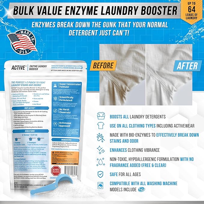 ACTIVE Enzyme Laundry Booster and Active Wear Laundry Detergent - Includes 2LB Detergent Boosting Powder and 3LB Gym Laundry Detergent Powder