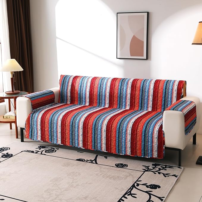 Cmfshape Skidproof Sofa Cover-Boho Sofa Slipcover with Elastic Straps-Easy Fit Slip Cover-Bohemian Washable Furniture Protector for Pets and Kids(Loveseat108 x75,Blue)