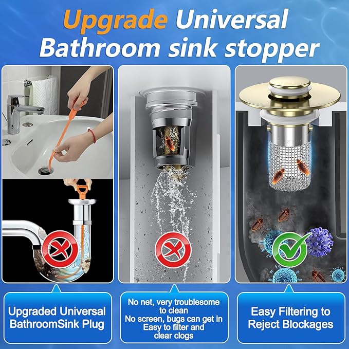 Sink Stopper Hair Catcher, Pop-up Sink Drain Strainer with Removable Stainless Steel Strainer Basket Hair Catcher, Bathroom Sink Strainer for Bathroom Sink Stopper Replacement (3, Brushed Gold)