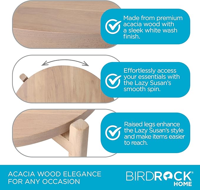 BIRDROCK HOME Elevated Lazy Susan | Rotating Acacia Wood Platter with Raised Legs | Ideal for Serving, Organizing, and Decor | Smooth 360° Rotation (White Wash, Medium)