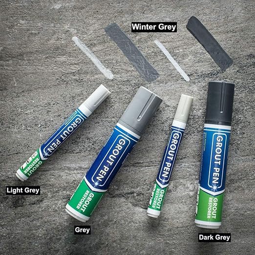 Grout Pen Tile Paint Marker: Winter Grey 2 Pack with Extra Tips (Narrow, 5mm) & Large Winter Grey (Wide, 15mm Tip) - Waterproof Grout Colorant and Sealer Pen to Renew, Repair, and Refresh Tile Grout