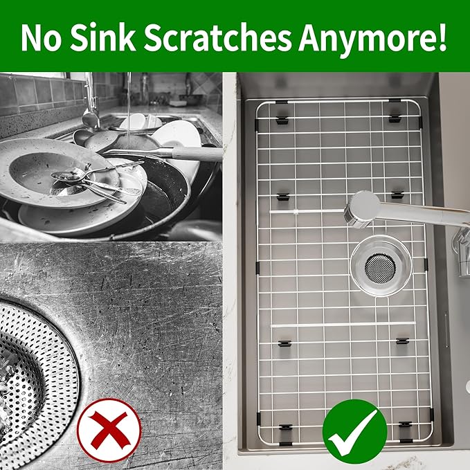 Stainless Steel Sink Protector 28-3/4" x 15-3/4" with Rear Drain, Metal Sink Rack for Bottom of Sink, Kitchen Sink Grate and Sink Protectors with Sink Strainer (28-3/4" x 15-3/4" - Rear Drain)