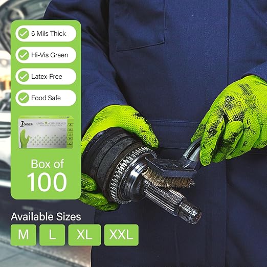 1st Choice 6 mil Green Gloves, Disposable, Latex Free, Raised Diamond Grip, Mechanic Glove for Men, XLarge, 1 Box of 100