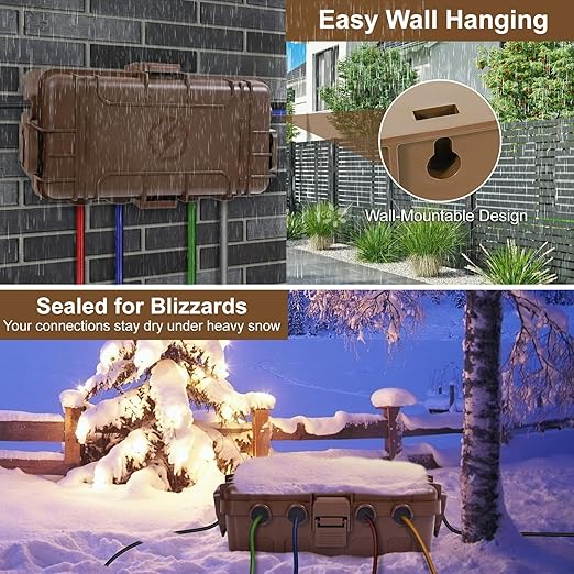 Medium Outdoor Electrical Box (11.6x5.2x4.1 inch), IP54 Waterproof Extension Cord Cover w/ 6 Cable Entry, Weatherproof Connection Box for Power Strip, Plug, Timer, Holiday Lights, Brown