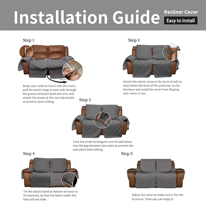 Easy-Going Oversized Loveseat Recliner Cover, Reversible Couch Cover for Double Recliner, Split Sofa Cover for Each Seat with Elastic Straps for Dogs, Pets(Oversized 2 Seater, Gray/Light Gray)