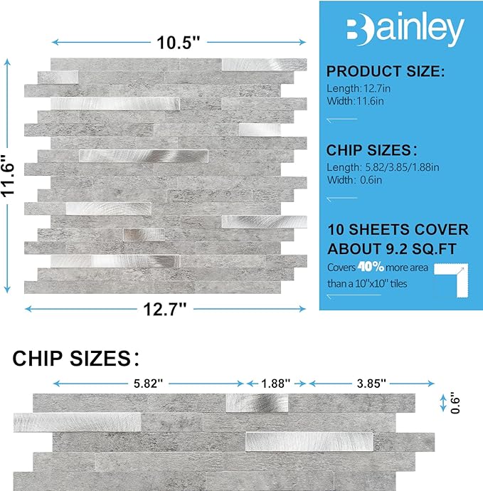 Peel and Stick Backsplash Tiles for Kitchen, 10 Sheet Waterproof PVC Marble Wall Tiles, Self Adhesive Easy DIY Stick On Backsplash for Bathroom RV Laundry Room, Grey Slate, 9.2 Sq Ft