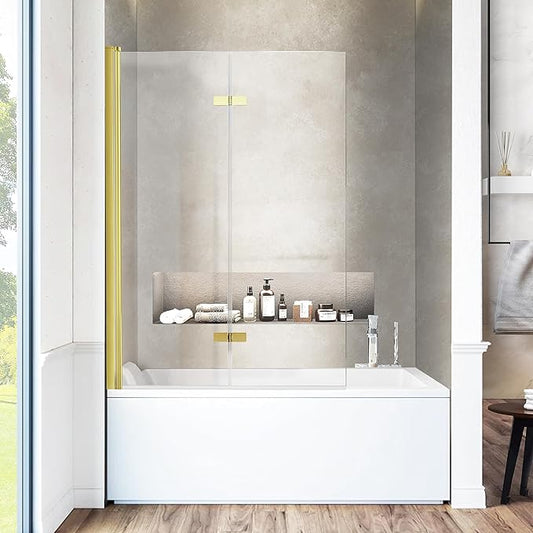 Bathtub Folding Shower Glass Door, 36" W*55" H Pivot H-Type Frameless Tub Shower Door, Clear Tempered Glass Shower Screen Panel for Bathroom, Brushed Gold