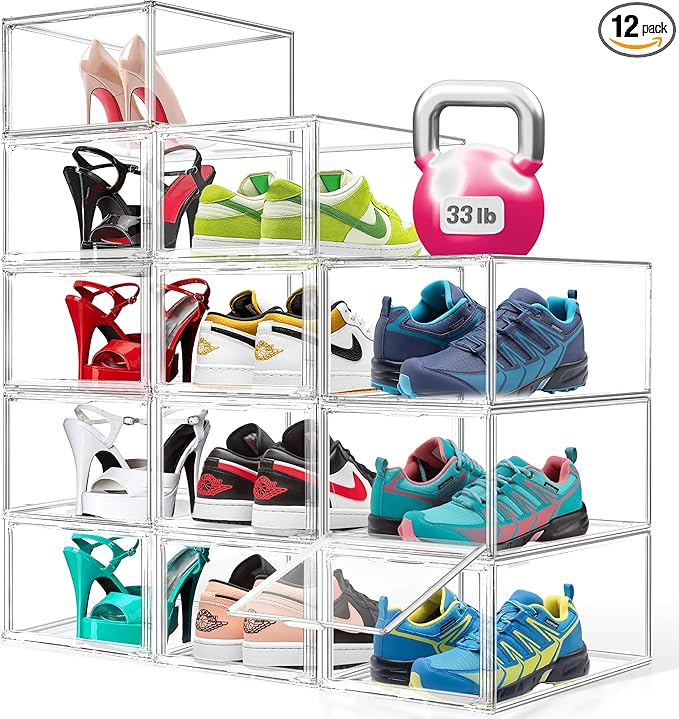 12 Pack Drop Front Acrylic Shoe Boxes with Magnetic Door Fit US Size 12, Clear Stackable Shoe Organizer for Closet, Entryway, Underbed, Multiple Display Cases for Hats, Figures, Sneakers