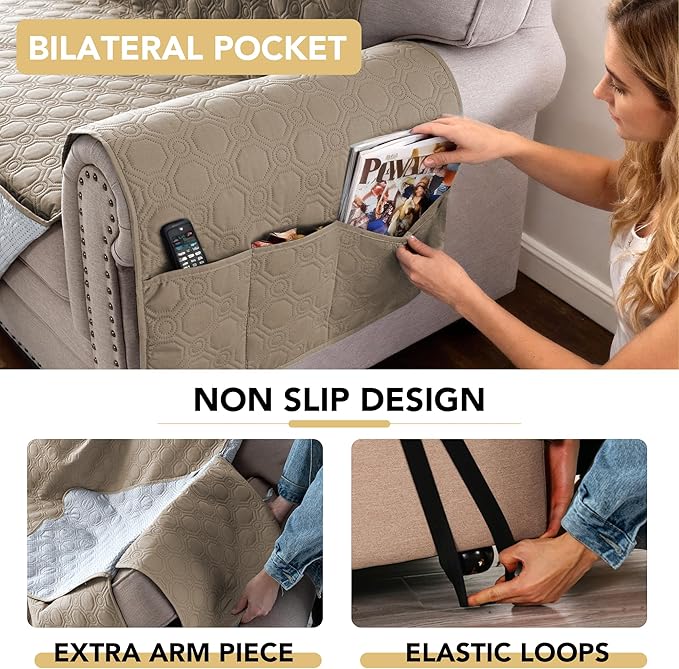 H.VERSAILTEX 100% Waterproof Couch Cover for Dogs Washable Triple Non-Slip 2 Cushion Loveseat Slipcover Thick Durable Sofa Protector with Storage Pocket (Loveseat, Taupe)