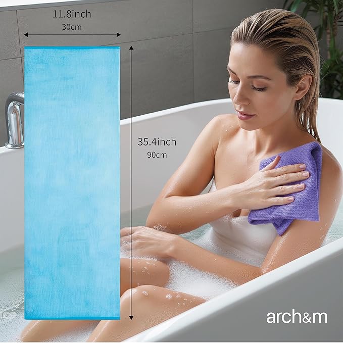 ARCH&M Exfoliating Body Towel (3 Pack) for Glowing, Silky-Smooth Skin - Japanese Beauty Washcloth for Deep Exfoliation & Improved Circulation in the Shower (Blue x 3)