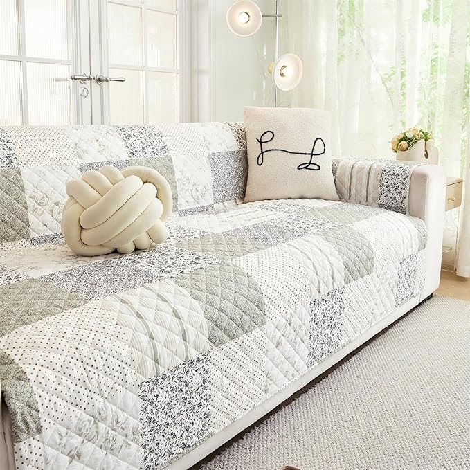 Skidproof Sofa Cover-Taupe Sofa Slipcover with Elastic Straps-Easy Fit Slip Cover-Patchwork Washable Furniture Protector for Pets and Kids(Loveseat,Taupe)