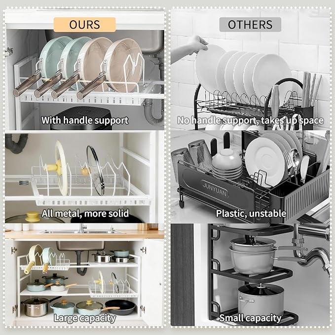 Pots and Pans Organizer Under Cabinet, Expandable Length, Adjustable Height Under Sink Shelf 2 Tier with 10 Dividers Under Sink Organizer, Pot and Pan Lid Holder Rack (White)