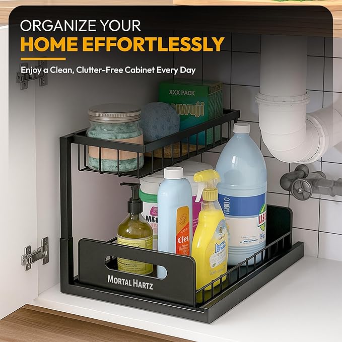 MORTALHARTS Under Sink Organizer – 1 Pack 2-Tier Sliding Storage Rack – Pull-Out Cabinet Organizer with Adjustable Metal Shelf, L-Shaped Design for Kitchen, Bathroom & Laundry Cabinets