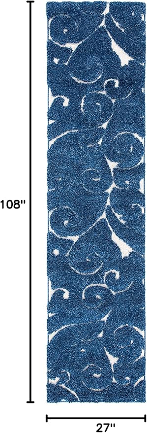 SAFAVIEH Florida Shag Collection Runner Rug - 2'3" x 9', Dark Blue & Cream, Scroll Design, Non-Shedding & Easy to Clean, High-Low Plush Pile, Ideal for Bedroom, Foyer, Hallway (SG455-6511)