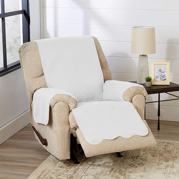 Reversible Recliner Chair Cover - Washable Slipcover Furniture Protector with Elastic Straps - Furniture Cover for Dogs, Kids, and Pets - Quilted & Stitched Detail (Recliner, White / Sand)