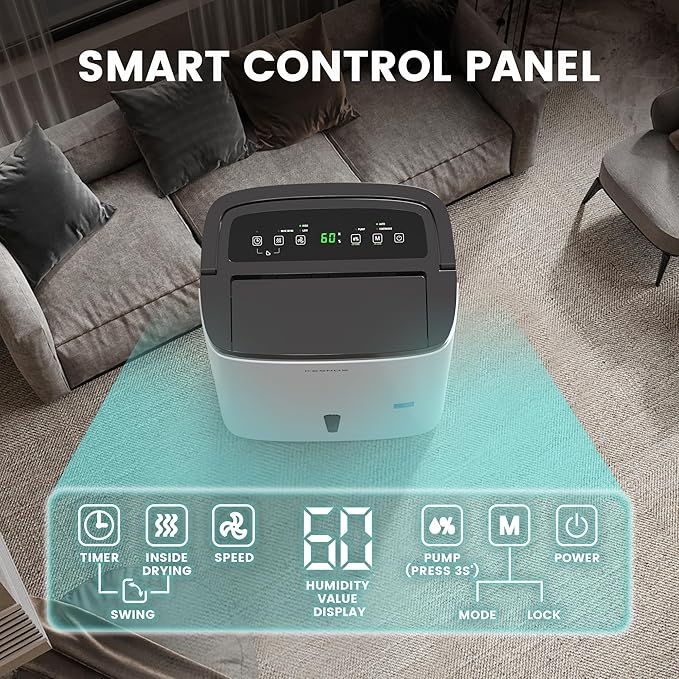 Kesnos 150 Pints Energy Star Dehumidifier with Pump for Space Up to 7500 Sq. Ft - Dehumidifier for Basement with Drain Hose, 1.85 Gal Water Tank, Handle, Self-Drying, Idear for Home, Office