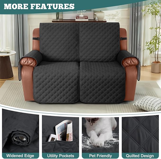 Ruaozz Waterproof Recliner Sofa Covers, 1-Piece Couch Covers for Reclining Couches Reclining Couch Cover Washable Furniture Protector with Elastic Straps Pocket for Kids Pets (Black, XL 2 Seater)
