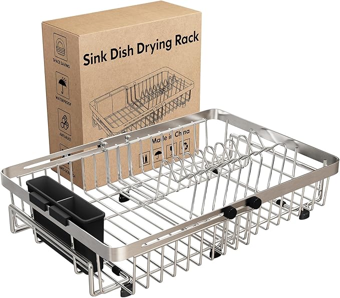 MAJALiS Small Expandable Over The Sink Dish Drying Rack Drainer In Stainless Steel Metal For Kitchen, Counter Space Saving Compact Plate Dryer Strainer Adjustable Hanging Inside Sink Wire Drain Holder