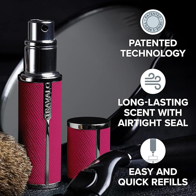 Travalo Milano Perfume Atomizer - Leak-Proof and TSA Approved for Air Travel - Reusable, Airtight, Easy Fill Mini Pump Sprayer - Lightweight Vegan Leather with Polished Metal Outer Shell - Hot Pink