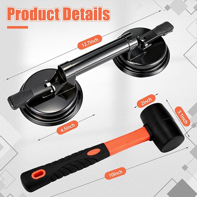 Floor Gap Fixer Tool Kit for Laminate Floor Gap Repair Aluminum Heavy Duty Suction Cup and Rubber Mallet Set for Floating Wood Floors and Moving Glasses(Black)