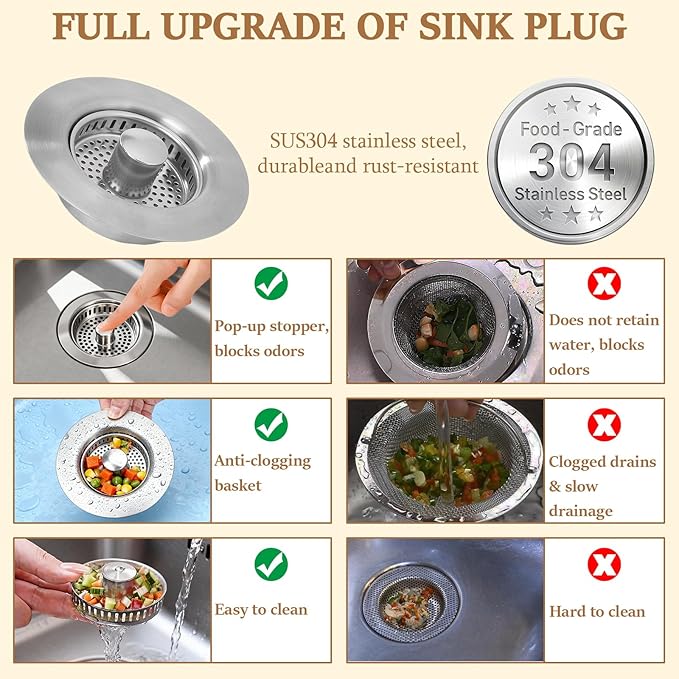 3-in-1 Kitchen Sink Drain Strainer - Pop Up Sink Stopper with Anti-Clogging Basket, Kitchen Gadgets Clearance Sink Accessories, Fits Standard 3-1/2” Openings for Double Bowl Kitchen Sinks