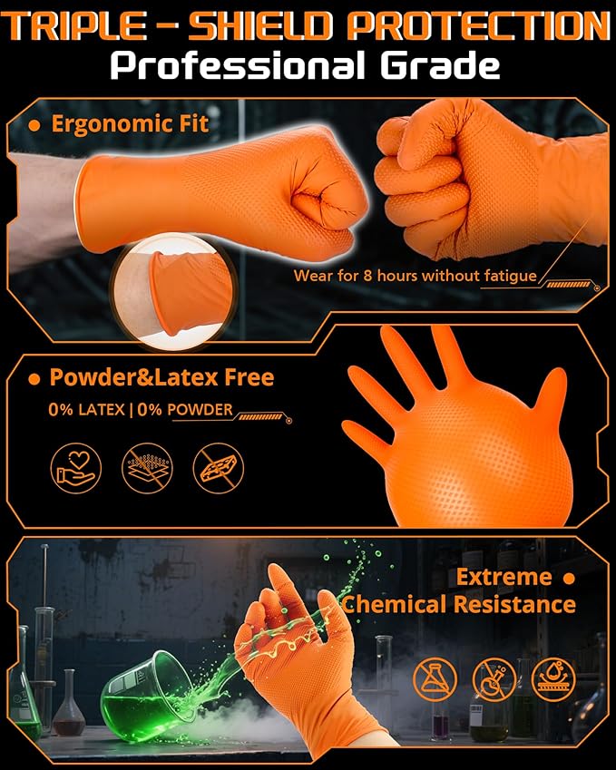 nitroshield 9mil Heavy Duty Disposable Nitrile Gloves,Orange XLarge 800Pcs -Chemical Resistant, Latex & Powder Free Rubber Gloves Diamond Texture for Automotive, Mechanics, Cooking,BBQ, Industrial Use