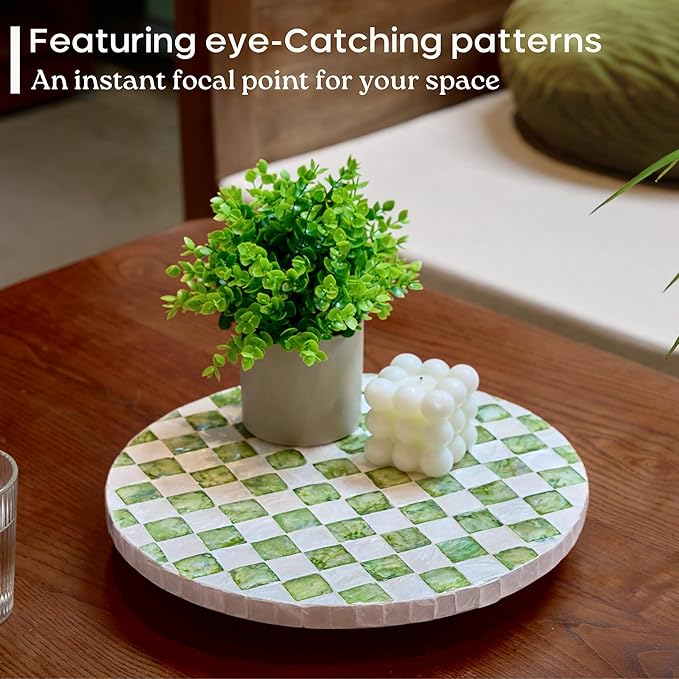 12" Checkered Lazy Susan for Tabletop, Handcrafted Mother of Pearl Turntable Organizer for Kitchen Counter, Coffee Table, Bathroom, Dining or Organizing (Pistachio Green)