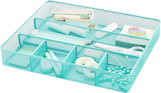 Annova Desk Top Organizer Tray for Office Organization - Metal Mesh - Storage Tray with Dividers for Pens, Desktop Accessories, Bathroom, Kitchen, Makeup and Office Supplies (Large, Turquoise)