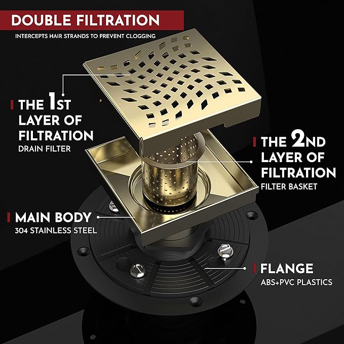 WEBANG 4 Inch Square Shower Drain Gold Floor Drain with Flange Wave-Hole Pattern Cover Grate Removable SUS304 Stainless Steel Watermark&CUPC Certified Brushed Gold