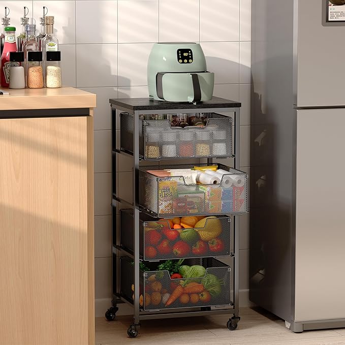 4-Tier Fruit Vegetable Storage Cart with Wheels, Wooden Top, Metal Wire Pull-Out Baskets for Kitchen Pantry, Cans and Snacks Organizer