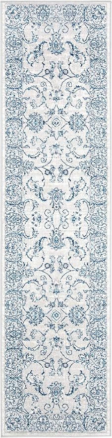 SAFAVIEH Brentwood Collection Runner Rug - 2' x 20', Light Grey & Blue, Oriental Floral Scroll Design, Non-Shedding & Easy Care, Ideal for High Traffic Areas in Living Room, Bedroom (BNT854G)