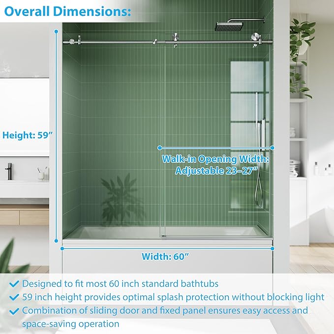 Frameless Bathtub Shower Door 56–60 Inch W × 59 Inch H, Sliding Tub Door with Fixed Panel, 8mm Coated Tempered Glass, Stainless Steel Round Rail