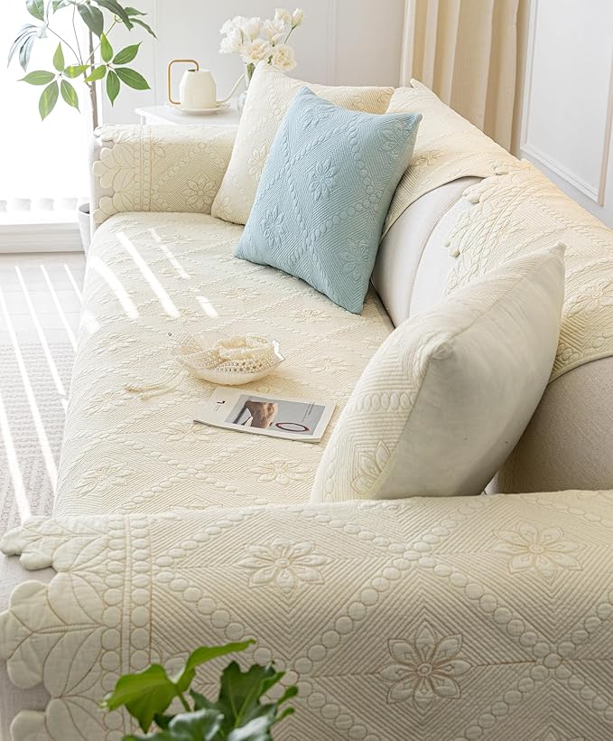 Cotton Quilted Dog Couch Cover for Sofa Farmhouse Rustic Embroidery Sectional Couch Cover Soft Anti-Slip Sofa Slipcover Furniture Protector for Kids, Pets (Ivory,43"x70")