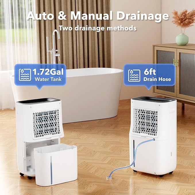 5000 Sq Ft Dehumidifier for Basement with Drain Hose, 80 Pint/Day (Standard 53 Pint/Day), Smart Humidity Control, 1.71-Gallon Water Tank, 24h Timer for Home, Bedroom, Bathroom