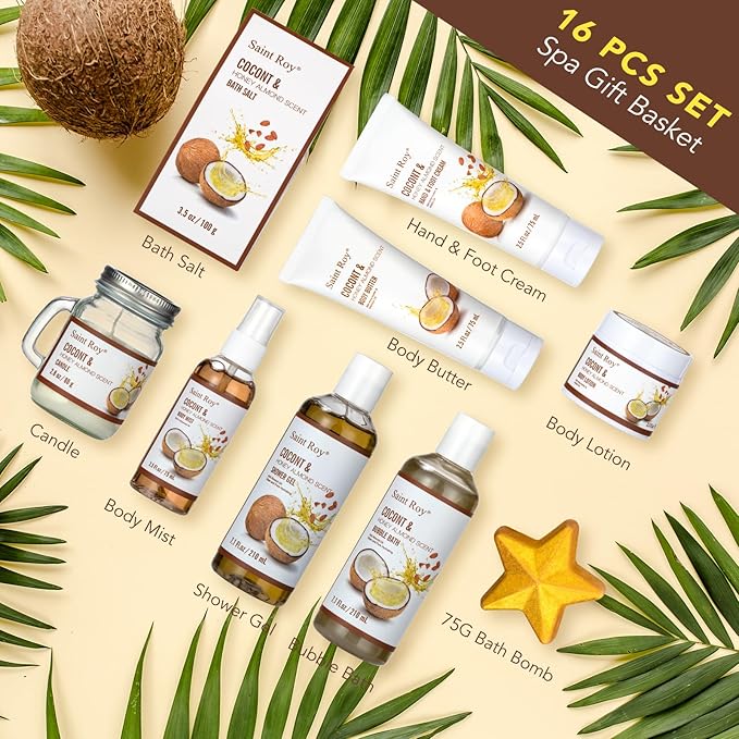 26 Pcs Coconut Honey Almond Spa Gift Basket for Women & Men Spa Gift Basket Luxury Bath and Body Basket Set, Large Luxury Home Spa Kit, Relaxing Self Care Pamper Gifts Birthday Bridal Shower