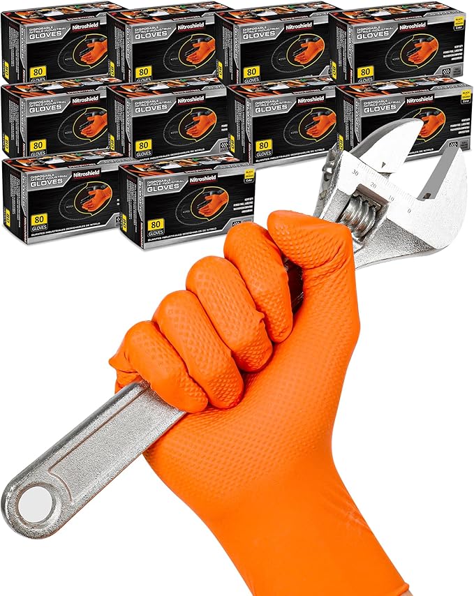 nitroshield 9mil Heavy Duty Disposable Nitrile Gloves,Orange Large 800Pcs -Chemical Resistant, Latex Powder Free Rubber Gloves Diamond Texture for Automotive, Mechanics, Cooking,BBQ, Industrial Use
