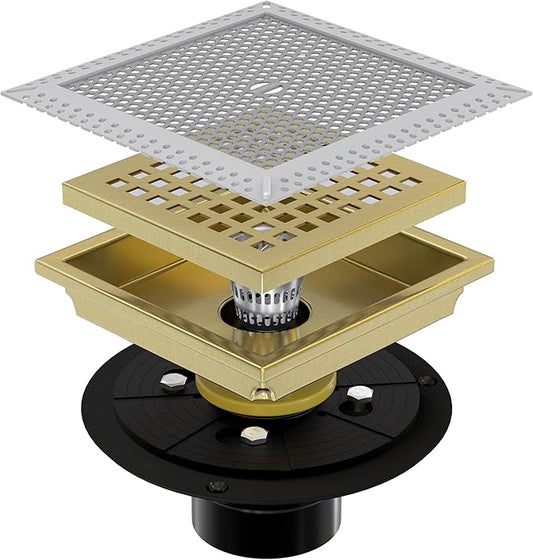 6 Inch Square Gold Shower Drain with Flange,Modern Floor Drain with Quadrato Pattern Grate Removable,SUS 304 Stainless Steel