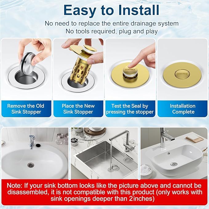 Bathroom Sink Stopper,All Metal Pop-Up Sink Drain Strainer with Removable Stainless Steel Filter Basket, Universal Bathroom Hair Catcher Fit for 1.1-2.36'' Drain (Gold, 2 Pack)