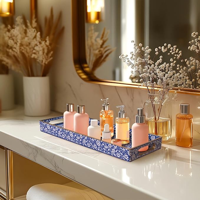MAONAME Blue Vanity Tray, Bathroom Counter Tray, Plastic Decorative Trays with Handles, Storage Dresser Trays Organizer for Toilet Tank, Jewelry, Makeup, 13.8" x 6" x 1.57"