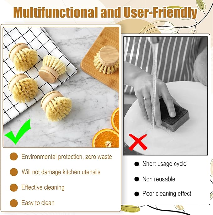 10 Pcs Bamboo Dish Brush Replacement Heads, Bamboo Dish Scrubber Soft Sisal Bristle Scrubber for Kitchen Room Cleaning Supplies