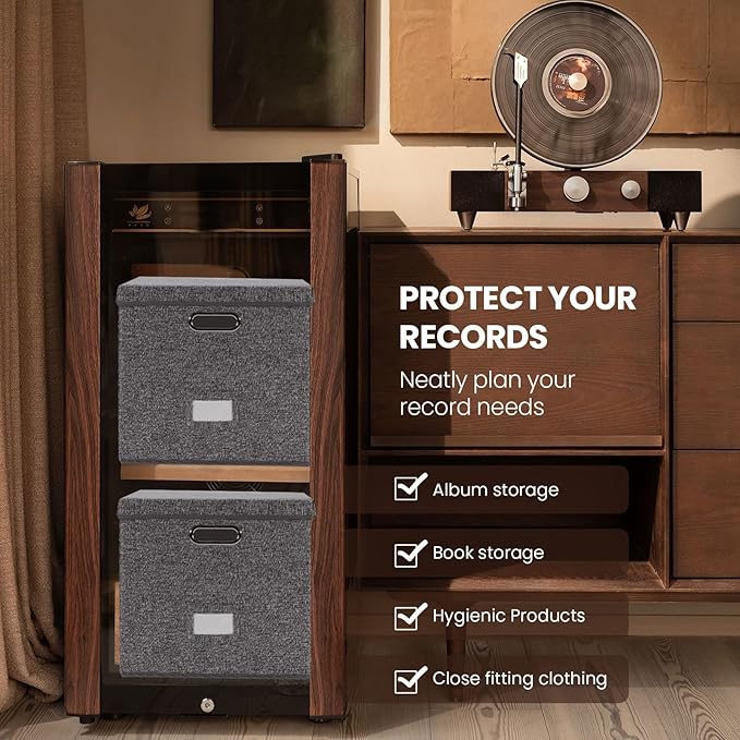 Sturdy Vinyl Record Storage Box - Album Storage Holds up 50+ Single Record, LP Storage Organizer Crate With Lid, Decorative Moving Box For Records, Solutions to Protect Your Precious Collection Grey