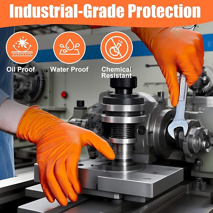TREEGO 10 Mil Nitrile Gloves XL - Heavy Duty Orange Gloves with Double Diamond Grip, Disposable Mechanic Rubber Gloves, Latex Free Industrial Work Gloves for Garage & Automotive, 50 Count Extra Large