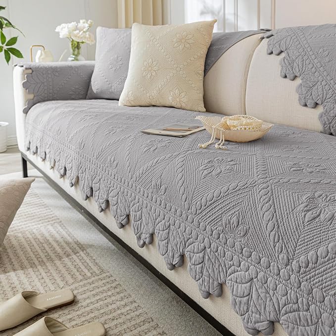 Cotton Quilted Dog Couch Cover for Sofa Farmhouse Rustic Embroidery Sectional Couch Cover Soft Anti-Slip Sofa Slipcover Furniture Protector for Kids, Pets (Grey,28"x82")