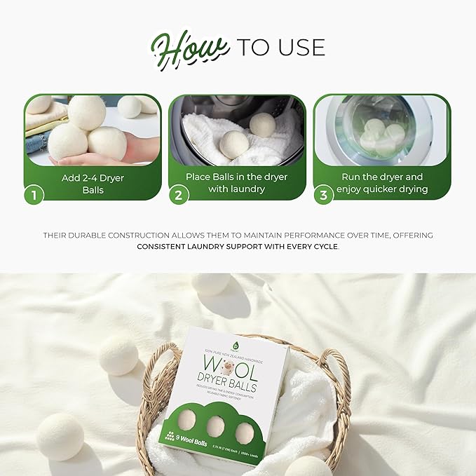 Pursonic Laundry Wool Dryer Balls 9-Pack, XL Size Made with 100% Pure New Zealand Wool - Natural Reusable Fabric Softener Balls for Drying Time & Energy Consumption - Reduces Clothing Wrinkles & Lint