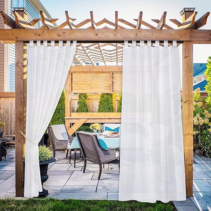 NICETOWN 2 Panels White Sheer Outdoor Curtains for Patio Waterproof, Detachable Sticky Tab Top Elegant Sheer Drapes Easy Hanging for Porch/Party, W54 x L84, White