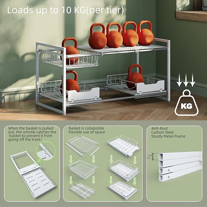 Under Sink Organizers and Storage,Kitchen Cabinet Organizer,2 Tier Under Sink Expandable Shelves，Bathroom Cabinet Organizer with Pull Out Drawers,(30.9-31.64)" W x 14.69" D x 15.83" H,White