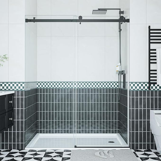 Glass Shower Door 56–60 inch W × 76 inch H,Sliding Frameless Shower Door with Square Stainless Steel Rail and 55mm Rollers,6mm Tempered Glass, Matte Black,Contemporary Shower Doors for Modern Bathroom