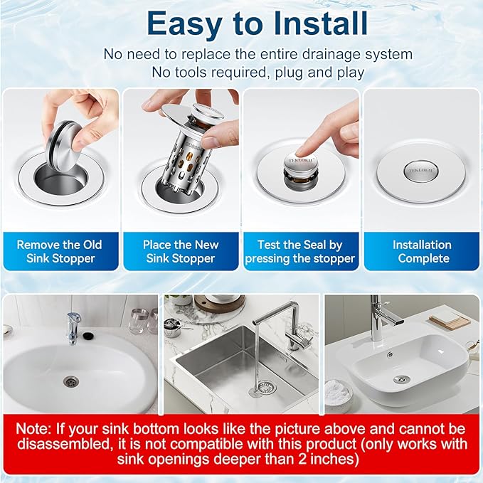 Bathroom Sink Stopper,All Metal Pop-Up Sink Drain Strainer with Removable Stainless Steel Filter Basket, Universal Bathroom Hair Catcher Fit for 1.1-2.36'' Drain (Silver, 2 Pack)